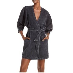 IRO Women's Wrap Mini Hip Dress Black Dark Wash Denim Sz 38 Small Ballon Sleeves